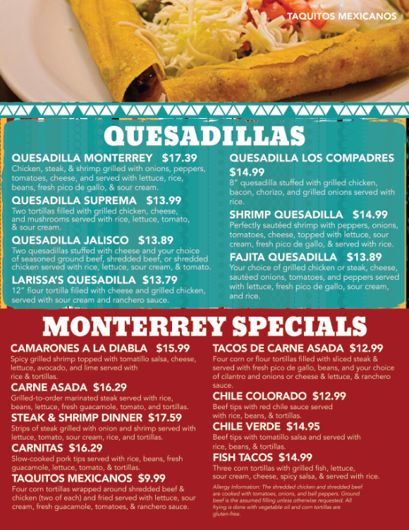 Quesadillas and Monterrey Special Menu